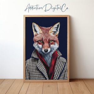 Fox Portrait, Dark Academia Room Decor, Elegant Anthropomorphic Fox Art, Watercolor Printable Wall Art, Quirky Animal Painting, Instant