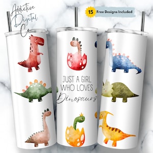 Dinosaur Lover Tumbler PNG, Just A Girl Who Loves Dinosaurs 20oz Skinny Tumbler Wrap, Cute Kids Sublimation Design, Instant Download
