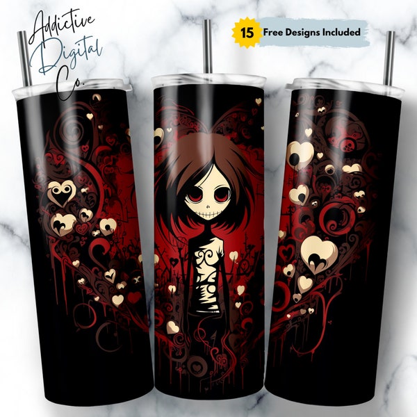 20 oz Skinny Tumbler Wrap, Creepy Dark Valentine's Day Heart Design, Goth Sublimation, Digital Download PNG