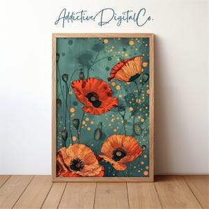 Poppies Printable Wall Art, Abstract Botanical Painting, Vintage Floral Decor, Retro Poppy Blossoms, Bohemian Poster, Teal Orange Art