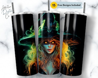 LED Halloween Witch 20 oz Skinny Tumbler Sublimation Design, Straight & Tapered Wrap, Witch Tumbler Png, Instant Download
