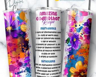 Godmother Recipe Tumbler Wrap, Floral Spiritual Mother Seamless Sublimation Designs, Godmother Skinny Tumbler 20oz Design Godmother PNG