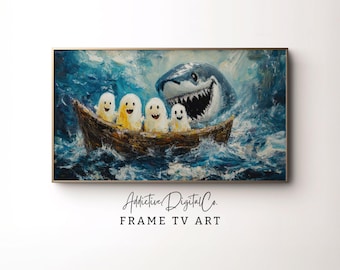 Arte de TV con marco de Samsung de Halloween, lindos fantasmas en un barco, fantasma de TV, paleta de océano vibrante, pintura de tiburón, arte de TV con marco de Halloween, otoño espeluznante