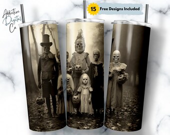 Vintage Creepy Halloween Family Photo 20 oz Skinny Tumbler Sublimation Halloween Design Straight & Tapered Tumbler Wrap Png Instant Download