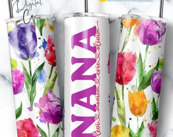 Nana Tumbler Wrap Add Kids Names, Tulip Floral Grandma Seamless Sublimation, Granny Skinny Tumbler 20oz Design Png