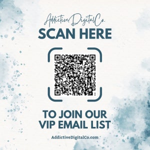 a blue and white advertisement with a qr code