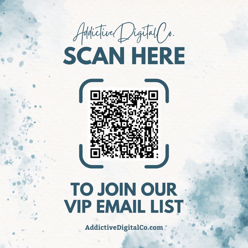 a blue and white advertisement with a qr code