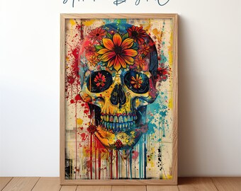Retrato de calavera, decoración de Halloween de la Academia Oscura, calavera floral vibrante, estética de graffiti colorido, arte de pared imprimible