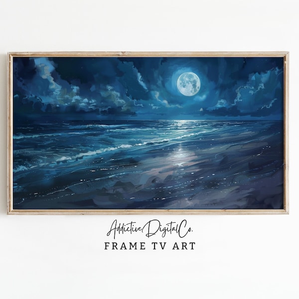 Mystical Moonlit Ocean Frame Tv Art, Ethereal Night Scene Tv Decor, Blue Digital Seascape Tv Screensaver, Coastal Theme Decor