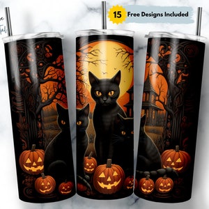 Black Cats Jack-o-Lanterns 20 oz Skinny Tumbler Sublimation Halloween Design, Straight & Tapered Tumbler Wrap Png, Instant Download