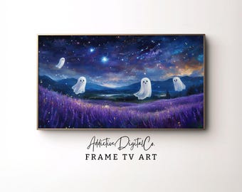 Halloween Samsung Frame TV Art, Cute Ghosts in Lavender Field, TV Ghost Art, Purple and Blue Sky, Halloween Frame TV Art