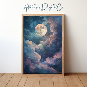 Moon in Cloudy Night Sky Portrait, Dark Academia Celestial Decor, Dreamy Luminescent Clouds Printable Wall Art, Mystical Night Aesthetic