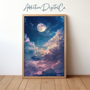 Dreamy Moonlit Sky Portrait, Dark Academia Bedroom Decor, Pastel Clouds and Starry Night Printable Wall Art, Celestial Aesthetic