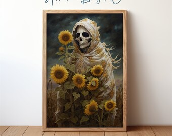 Skeleton with Sunflowers Portrait, Dark Academia Halloween Decor, Eerie Gothic Skull Art, Spooky Floral Printable Wall Art