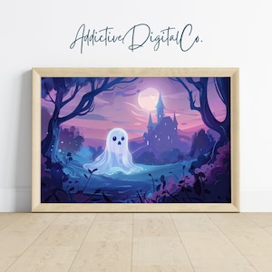 Ghost in Enchanted Forest Printable Wall Art, Whimsical Spooky Painting, Dark Academia Halloween Decor, Gothic Fantasy Art, Night Scene