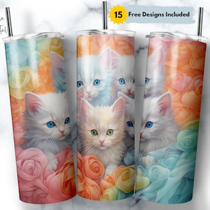 Pastel Kittens 20 oz Skinny Tumbler Sublimation Design, Straight & Tapered Cat Tumbler Wrap Png, Instant Download