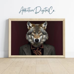 Wolf in Suit Printable Wall Art, Stylish and Unique Animal Portrait Painting, Animal Lover Rustic Vintage Decor, Whimsical Art Print