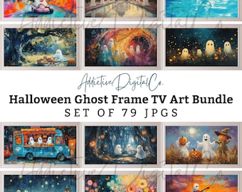 Paquete de arte para TV con marco de lindos fantasmas de Halloween, arte de pared con fantasmas, pinturas de paisajes otoñales vintage, artes espeluznantes de Halloween, televisor con marco Samsung 04