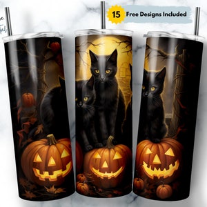 Black Cats Jack-o-Lanterns 20 oz Skinny Tumbler Sublimation Halloween Design, Straight & Tapered Tumbler Wrap Png, Instant Download