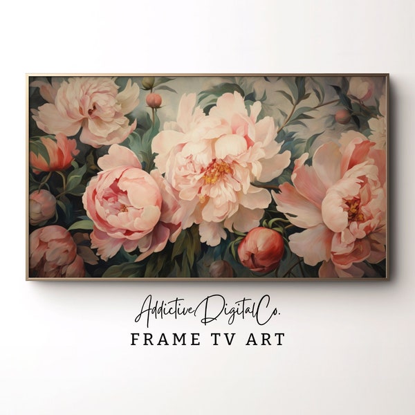 Floral Botanical Frame Tv Art, Spring Blossom Tv Decor, Pink Peonies Watercolor Flowers Tv Screensaver, Elegant Home Decor