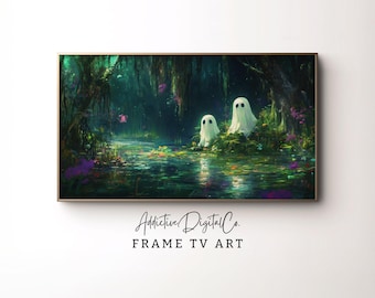 Arte de TV con marco Samsung de Halloween, fantasmas del bosque encantado, fantasma de TV, verde vibrante y morado, arte de TV con marco de Halloween, otoño caprichoso
