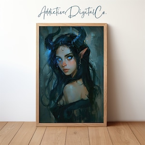 Enchanting Demon Portrait, Dark Academia Gothic Decor, Mystical Fantasy Art Printable Wall Art, Ethereal Blue Eyes, Digital Download