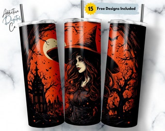 Black and Orange Witch Art 20 oz Skinny Tumbler Sublimation Design, Straight & Tapered Wrap, Witch Tumbler Png, Instant Download