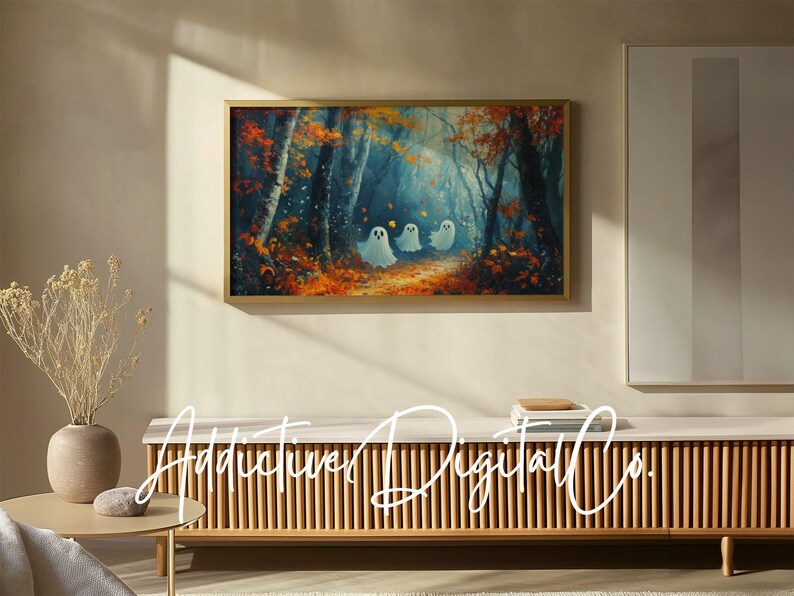 Halloween Samsung Frame TV Art, Cute Ghost Art, TV Ghost, Autumn Forest