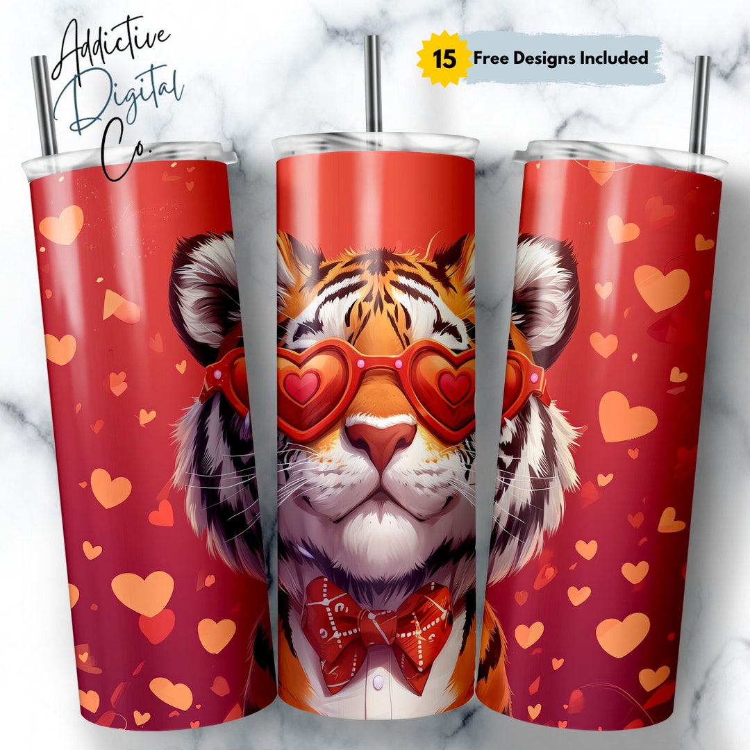 Valentine's Day Tiger Tumbler Design 20 Oz, Cute Tiger With Heart