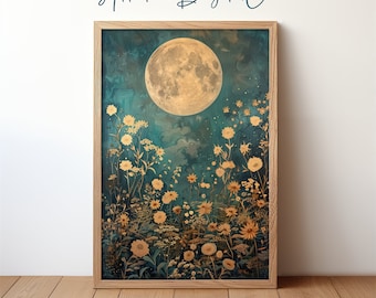 Moonlit Floral Night, Dark Academia Botanical Moonlight Decor, Lush Wildflowers Under Moonlight Artistic Aesthetic, Printable Wall Art