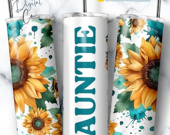 Auntie Tumbler Wrap, Sunflower Floral Aunt Seamless Sublimation Designs, Aunty Skinny Tumbler 20oz Design Auntie PNG