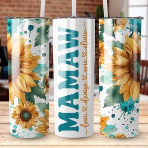 Mamaw Tumbler Wrap Add Kids Names, Sunflower Floral Grandma Seamless Sublimation, Granny Skinny Tumbler 20oz Design Png image 4
