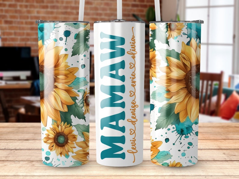 Mamaw Tumbler Wrap Add Kids Names, Sunflower Floral Grandma Seamless Sublimation, Granny Skinny Tumbler 20oz Design Png image 4