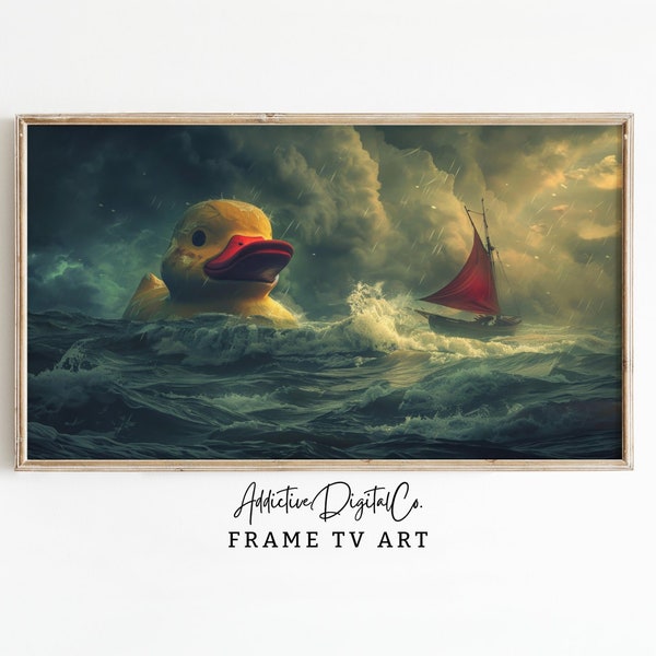 Surreal Ocean Rubber Duck Frame Tv Art, Dramatic Seascape Tv Decor, Dark Stormy Water Digital Painting, Fantasy Home Decor