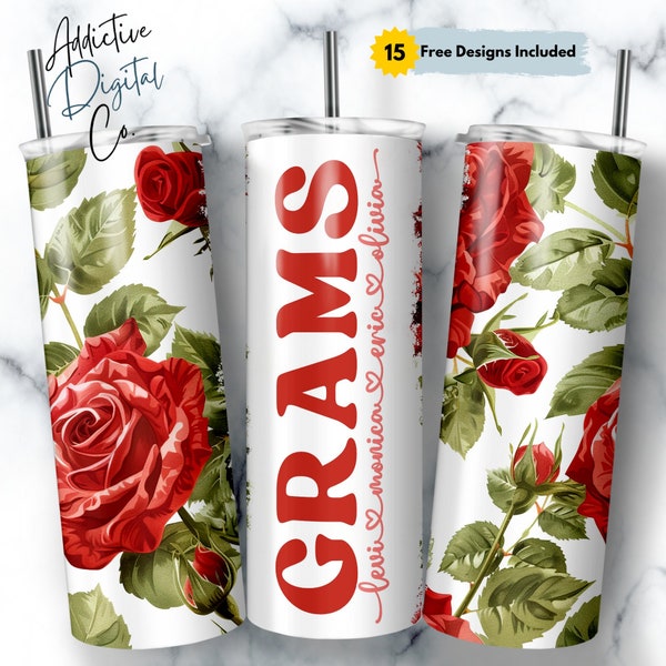 Grams Tumbler Wrap Add Kids Names, Red Rose Floral Grandma Seamless Sublimation, Grandmother Skinny Tumbler 20oz Design Png