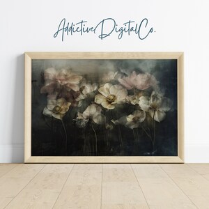 Elegant Floral Art Printable Wall Art, Dark Botanical Flower Bloom Painting, Dark Academia Botanical Decor, Moody Floral Art Download