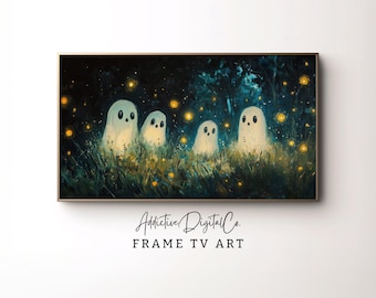 Halloween Samsung Frame TV Art, Cute Ghosts in Night, TV Ghost, Dark Forest Blue and Yellow, Halloween Frame TV Art, Autumn Whimsical