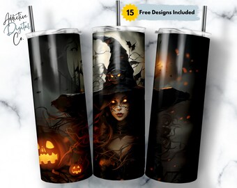 Halloween Ghost Witch 20 oz Skinny Tumbler Sublimation Design, Straight & Tapered Wrap, Witch Tumbler Png, Instant Download