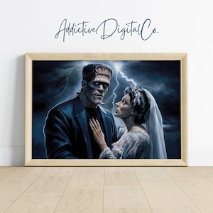 Frankenstein&#39;s Monster and Bride Printable Wall Art, Gothic Romance Painting, Dark Academia Halloween Decor, Vintage Horror Aesthetic