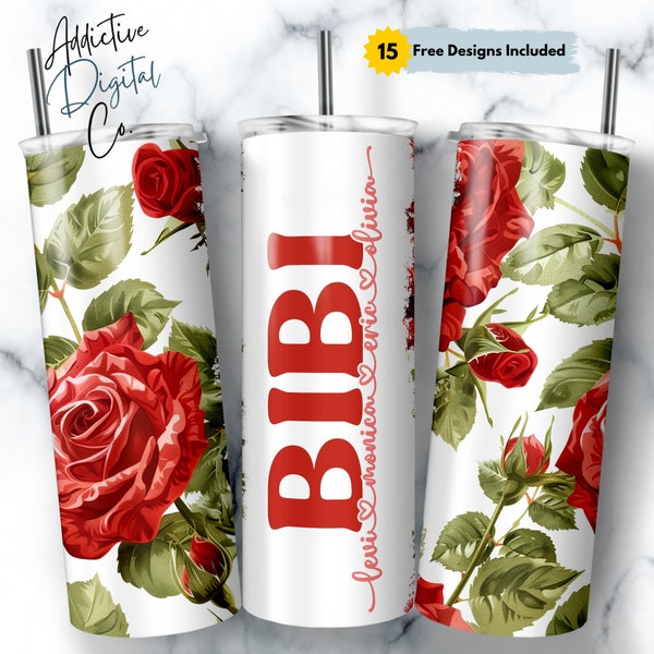 Bibi Tumbler Wrap Add Kids Names, Red Rose Floral Grandma Seamless Sublimation, Swahili Grandmother Skinny Tumbler 20oz Design Png