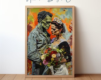 Retrato de Frankenstein y la novia, decoración de Halloween de la Academia Oscura, arte de pared imprimible de pareja de terror abstracto vibrante, arte gótico