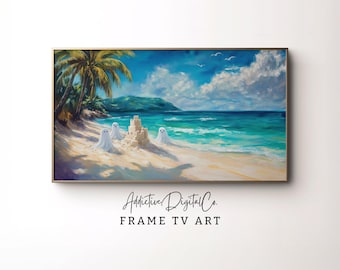 Arte de TV con marco Samsung de Halloween, fantasmas de playa, fantasma de TV, fantasmas de paleta de colores costeros, arte de TV con marco de Halloween, pintura caprichosa tropical