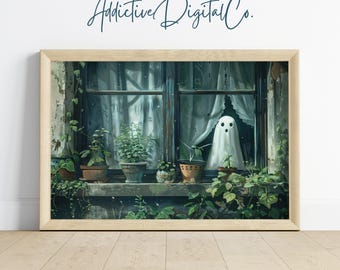 Arte de pared imprimible de casa embrujada, pintura de fantasmas asomándose por la ventana, decoración espeluznante de Halloween de Dark Academia, estética vintage, instantánea