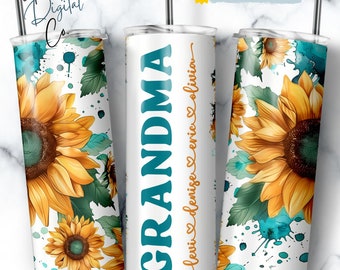 Grandma Tumbler Wrap Add Kids Names, Sunflower Floral Granny Seamless Sublimation, Grandmother Skinny Tumbler 20oz Design Png