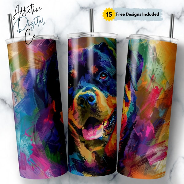 Colorful Rottweiler Dog Tumbler Wrap, 20oz Skinny PNG, Straight and Tapered, Gift for Rottie Dog Lovers, Unique Sublimation Design