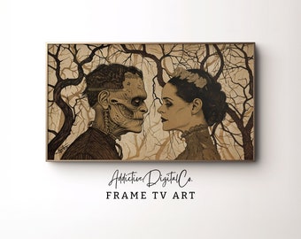 Frankenstein y la novia retrato gótico marco arte de televisión, decoración de televisión de Halloween, salvapantallas de televisión de Academia oscura, decoración del hogar de romance gótico