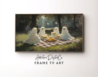 Arte de TV con marco Samsung de Halloween, lindo picnic de fantasmas, fantasmas de TV, cálidos colores de otoño, fantasmas caprichosos, arte de TV con marco de Halloween
