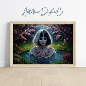Dark Haunting Girl Printable Wall Art, Eerie Surreal Painting, Dark Academia Seasonal Decor, Cherry Blossom Forest, Creepy Black Eyes