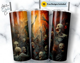 Halloween Zombies Painting 20 oz Skinny Tumbler Sublimation Halloween Design, Straight & Tapered Tumbler Wrap Png, Instant Download