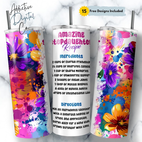 Stepdaughter Recipe Tumbler Wrap, Floral Bonus Daughter Seamless Sublimation Designs, SD Skinny Tumbler 20oz Design Stepdaughter PNG